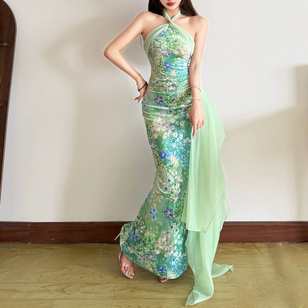 Zara Summer Forest Retro Print Halterneck Train Long Dress